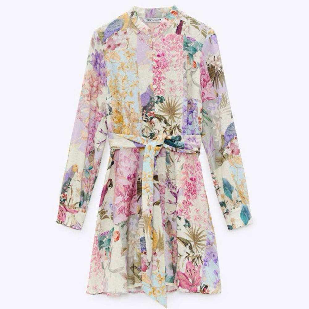 ZARA Floral Parrot Print Button Front Mini Dress | Size Medium